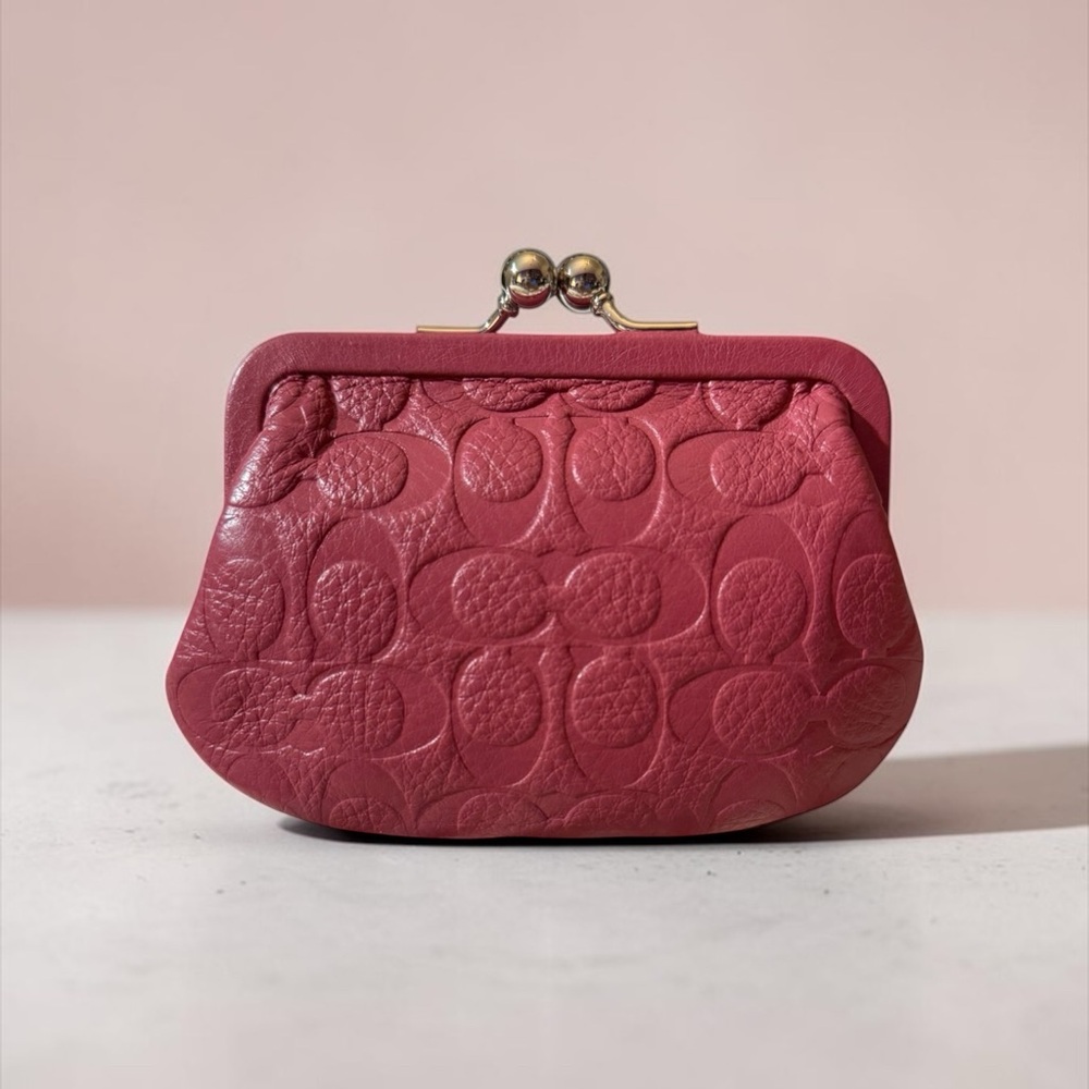 Coach Embossed Leather Kiss-Lock Coin Purse in Sunset Red, NWT